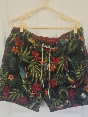 Caribbean Joe Black Tropical Floral Swim Shorts with Multicolor Accents